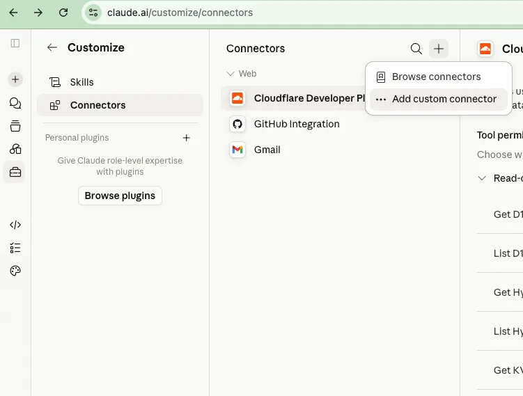 The claude.ai Connectors page with the plus-icon menu open, showing Browse connectors and Add custom connector options