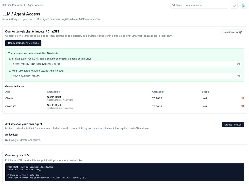 The LLM / Agent Access page in Logistified showing the Connect ChatGPT / Claude button, the connector URL ending in /mcp-agent, and a one-time connection code valid for 10 minutes