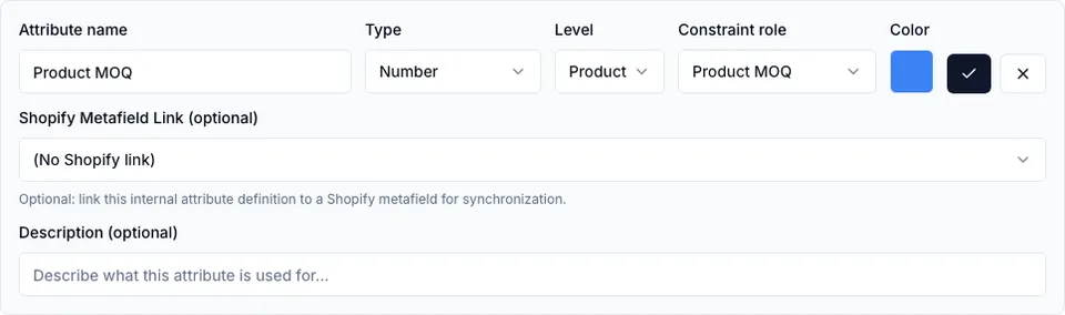 Product MOQ attribute definition form