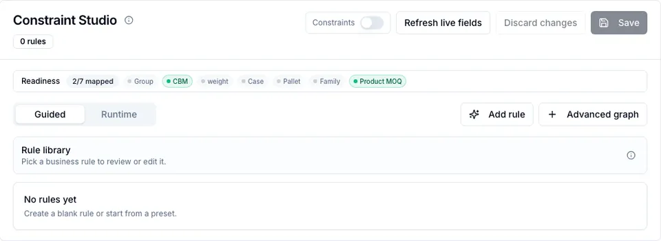 Constraint Studio readiness chips with Product MOQ mapped