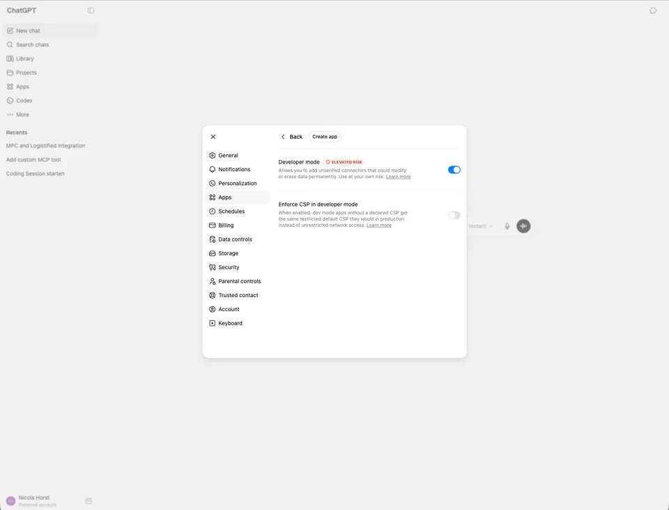 ChatGPT settings, Apps tab, Advanced section, with the Developer mode toggle switched on