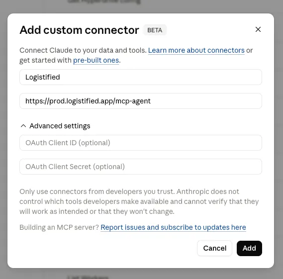 The claude.ai Add custom connector dialog with Name set to Logistified and the URL set to the /mcp-agent endpoint, Advanced OAuth fields left blank