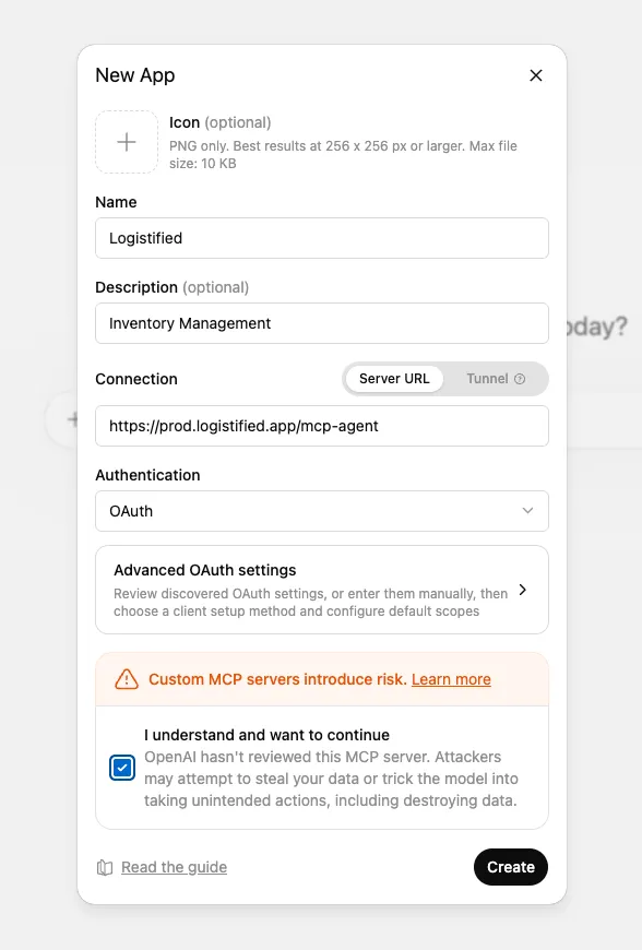 ChatGPT New App dialog with Name set to Logistified, Description Inventory Management, Server URL set to the /mcp-agent endpoint, Authentication set to OAuth, and the consent checkbox ticked