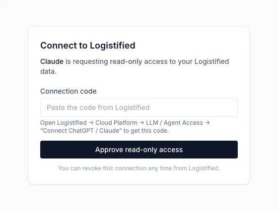 Logistified Connect to Logistified screen showing Claude is requesting read-only access, with a field to paste the connection code and an Approve read-only access button
