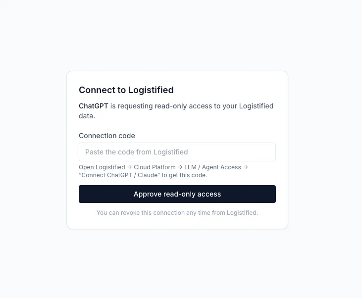 Logistified Connect to Logistified screen asking for the connection code, with an Approve read-only access button