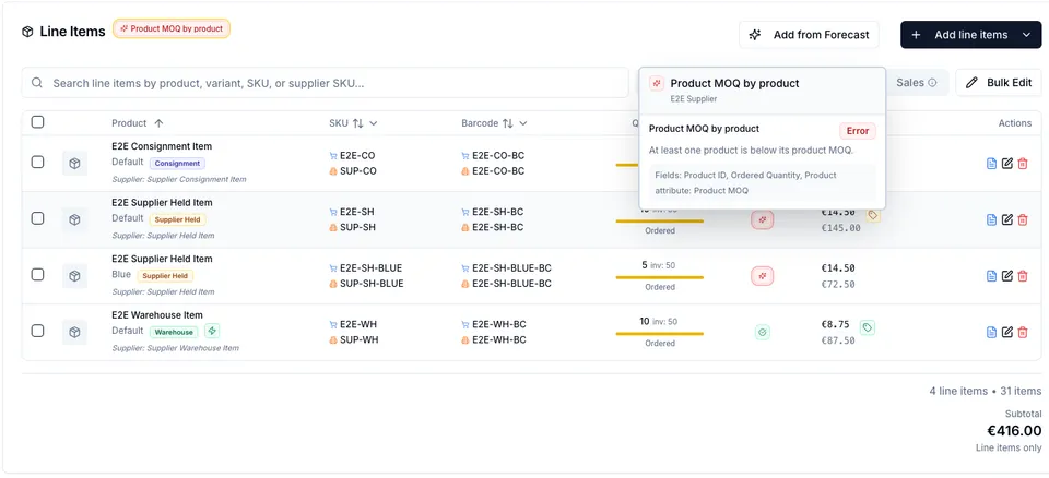 Purchase order with failing Product MOQ badges on two variants of the same product
