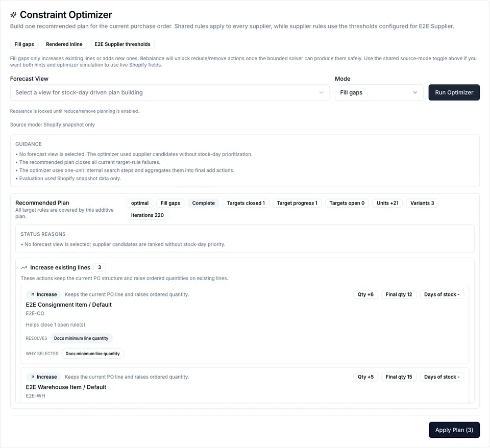 Constraint optimizer plan with status, guidance, recommended actions, and Apply Plan button