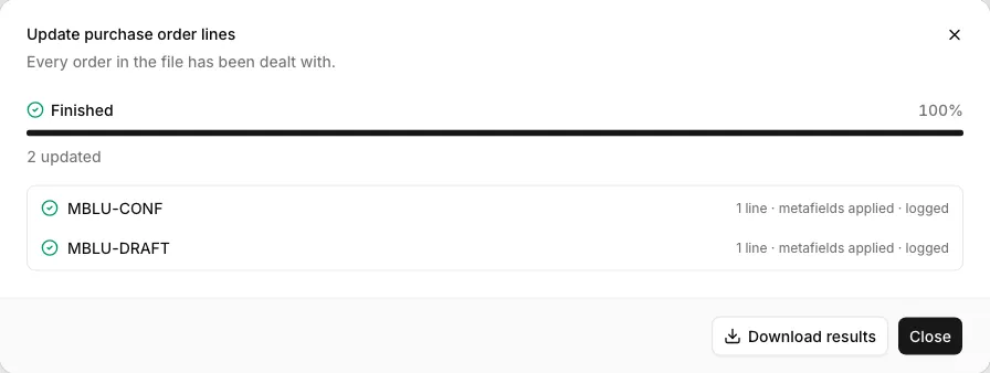 Finished step: progress bar at 100%, the tally 2 updated, and one line per order saying what was applied
