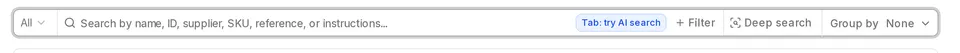 Purchase order search box with the light-blue 'Tab: try AI search' badge at its right end