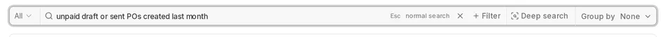 The search box in AI search mode with the request 'unpaid draft or sent POs created last month' typed in, and an 'Esc normal search' hint