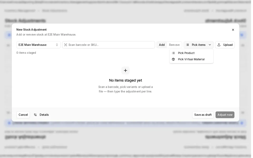 New stock adjustment Pick items menu showing Pick Product and Pick Virtual Material